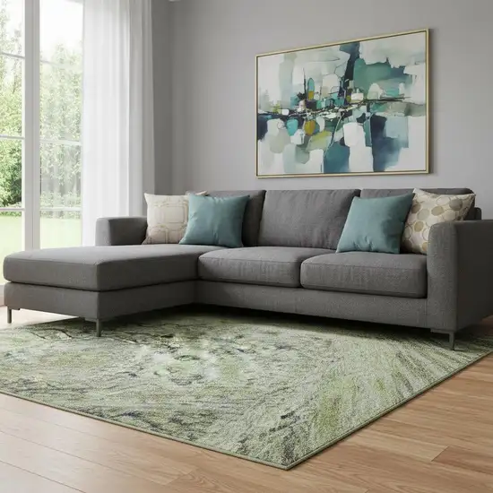 Artichoke Green Blue And Beige Abstract Geometric Washable Area Rug With UV Protection Photo 2