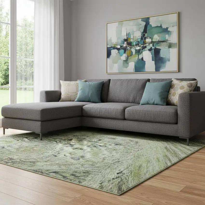 Artichoke Green Blue And Beige Abstract Geometric Washable Area Rug With UV Protection Photo 2