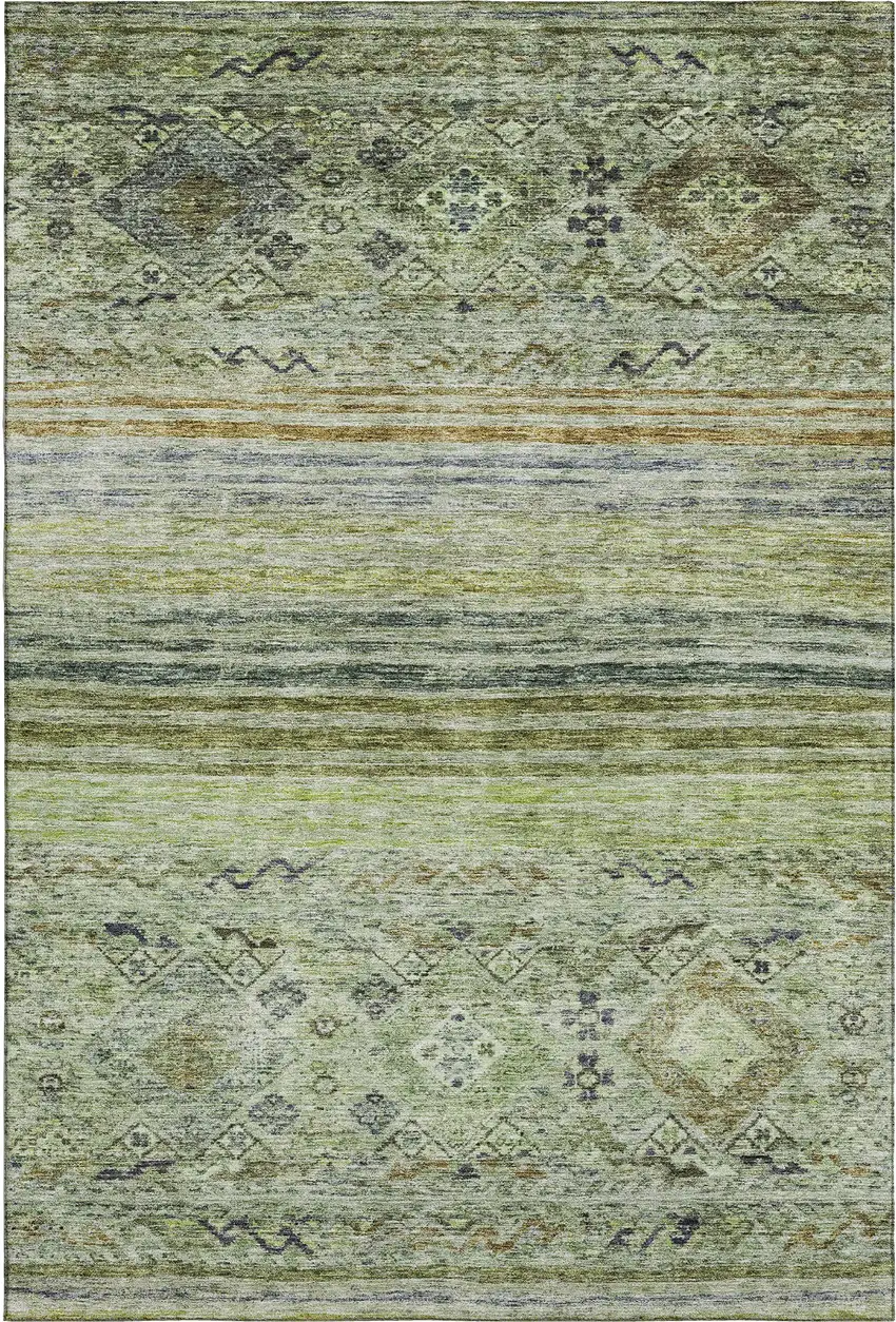 Artichoke Green Blue And Beige Abstract Geometric Washable Area Rug With UV Protection Photo 6