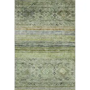 Photo of Artichoke Green Blue And Beige Abstract Geometric Washable Area Rug With UV Protection