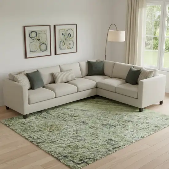 Artichoke Green Blue And Beige Abstract Geometric Washable Area Rug With UV Protection Photo 2