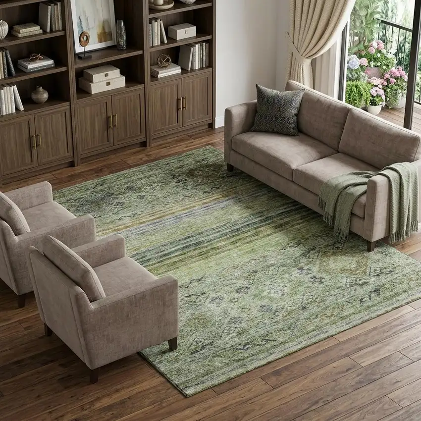 Artichoke Green Blue And Beige Abstract Geometric Washable Area Rug With UV Protection Photo 1