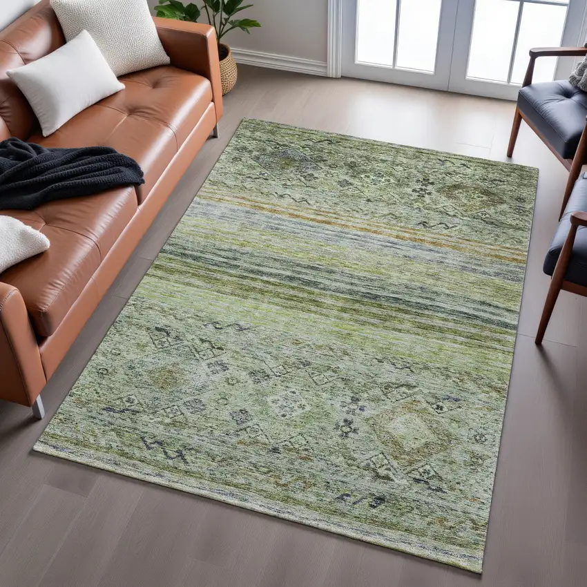 Artichoke Green Blue And Beige Abstract Geometric Washable Area Rug With UV Protection Photo 5