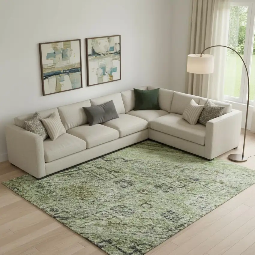 Artichoke Green Blue And Beige Abstract Geometric Washable Area Rug With UV Protection Photo 2