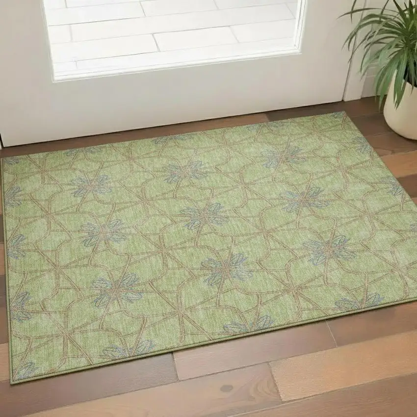 Artichoke Green Blue And Beige Geometric Washable Area Rug With UV Protection Photo 2