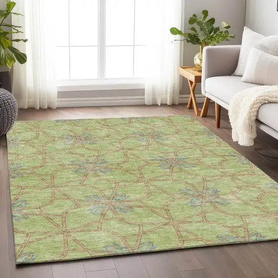 Artichoke Green Blue And Beige Geometric Washable Area Rug With UV Protection Photo 4