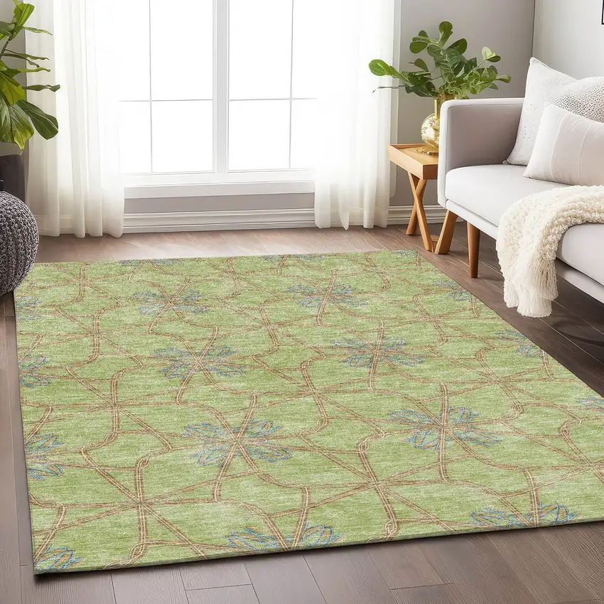 Artichoke Green Blue And Beige Geometric Washable Area Rug With UV Protection Photo 4