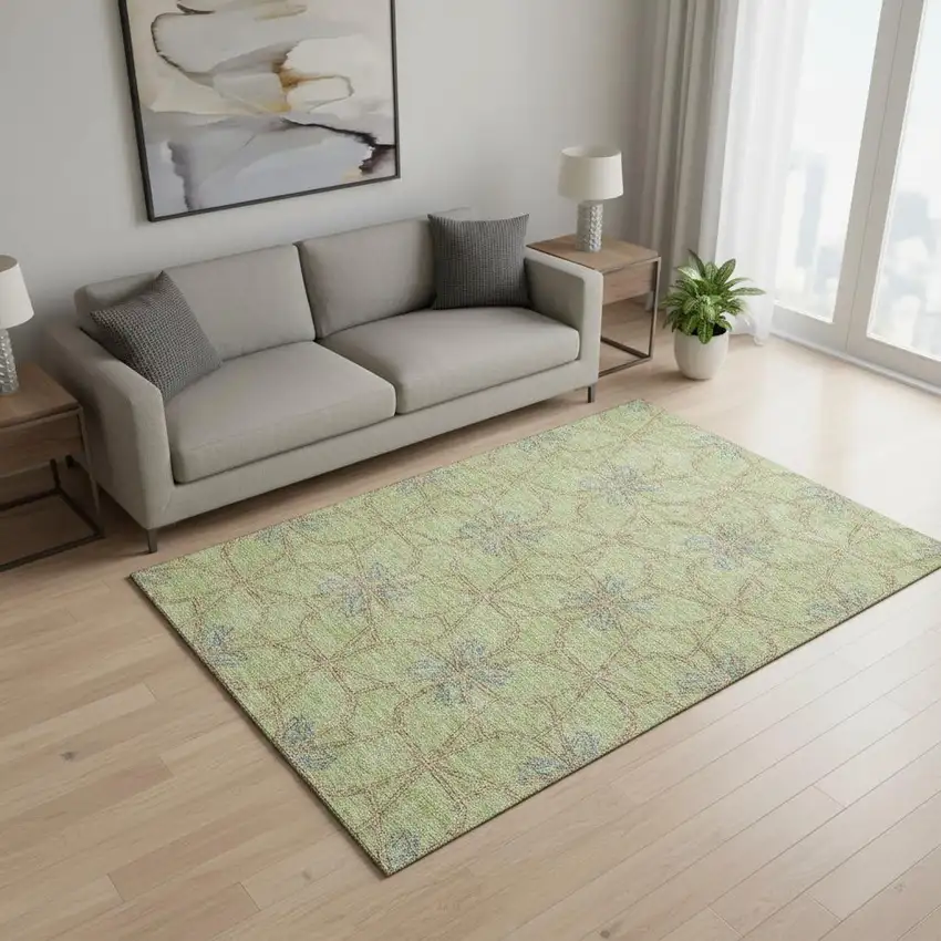 Artichoke Green Blue And Beige Geometric Washable Area Rug With UV Protection Photo 2