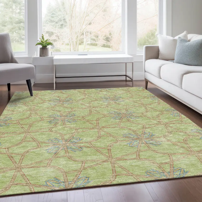 Artichoke Green Blue And Beige Geometric Washable Area Rug With UV Protection Photo 5