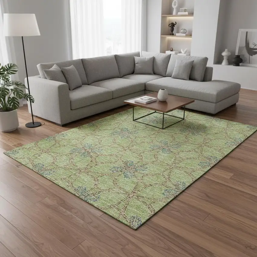 Artichoke Green Blue And Beige Geometric Washable Area Rug With UV Protection Photo 2