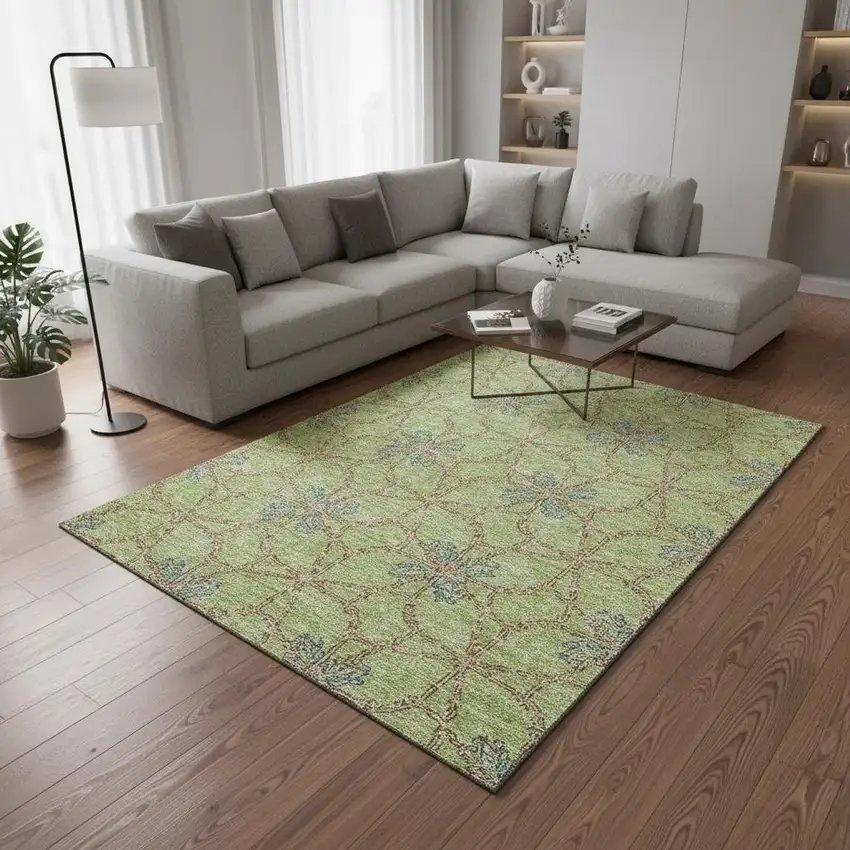 Artichoke Green Blue And Beige Geometric Washable Area Rug With UV Protection Photo 2