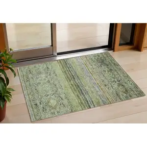 Photo of Artichoke Green Blue And Black Floral Washable Indoor Outdoor Area Rug