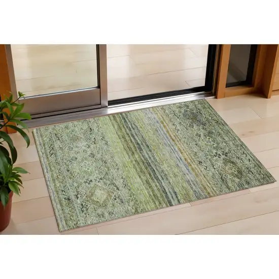 Artichoke Green Blue And Black Floral Washable Indoor Outdoor Area Rug Photo 1