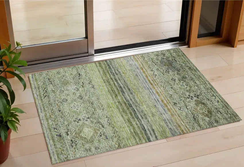 Artichoke Green Blue And Black Floral Washable Indoor Outdoor Area Rug Photo 1