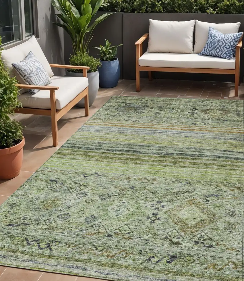 Artichoke Green Blue And Black Floral Washable Indoor Outdoor Area Rug Photo 1