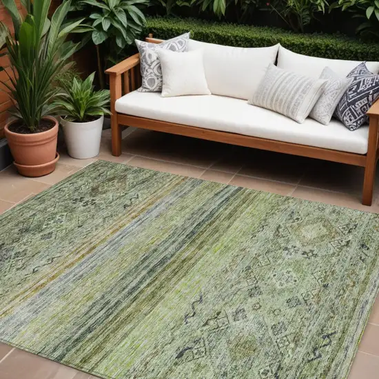 Artichoke Green Blue And Black Floral Washable Indoor Outdoor Area Rug Photo 1