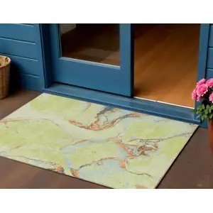 Photo of Artichoke Green Blue And Brown Abstract Washable Indoor Outdoor Area Rug