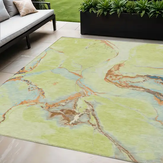 Artichoke Green Blue And Brown Abstract Washable Indoor Outdoor Area Rug Photo 1