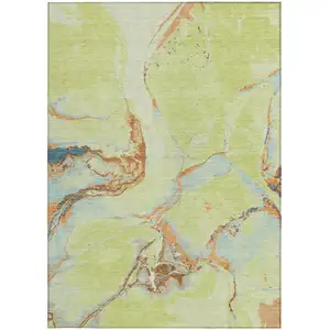 Photo of Artichoke Green Blue And Brown Abstract Washable Indoor Outdoor Area Rug