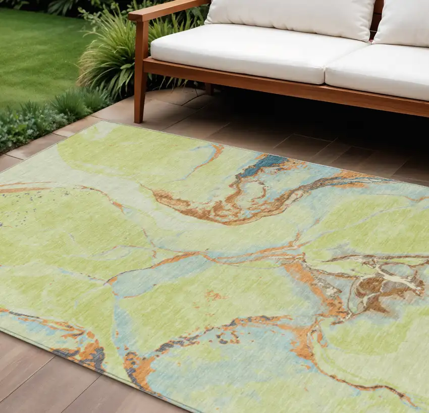 Artichoke Green Blue And Brown Abstract Washable Indoor Outdoor Area Rug Photo 1