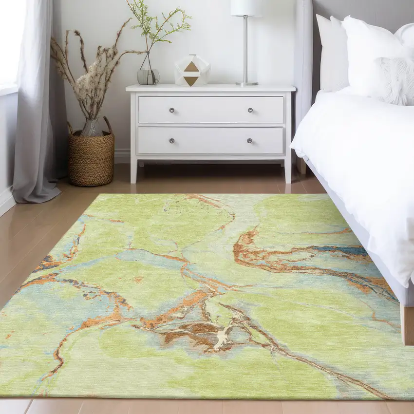 Artichoke Green Blue And Brown Abstract Washable Indoor Outdoor Area Rug Photo 9