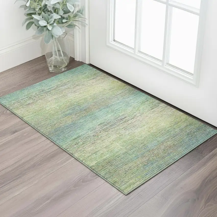 Artichoke Green Blue And Copper Striped Washable Area Rug With UV Protection Photo 2