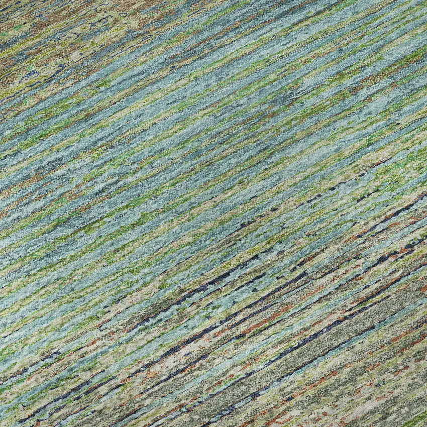 Artichoke Green Blue And Copper Striped Washable Area Rug With UV Protection Photo 9