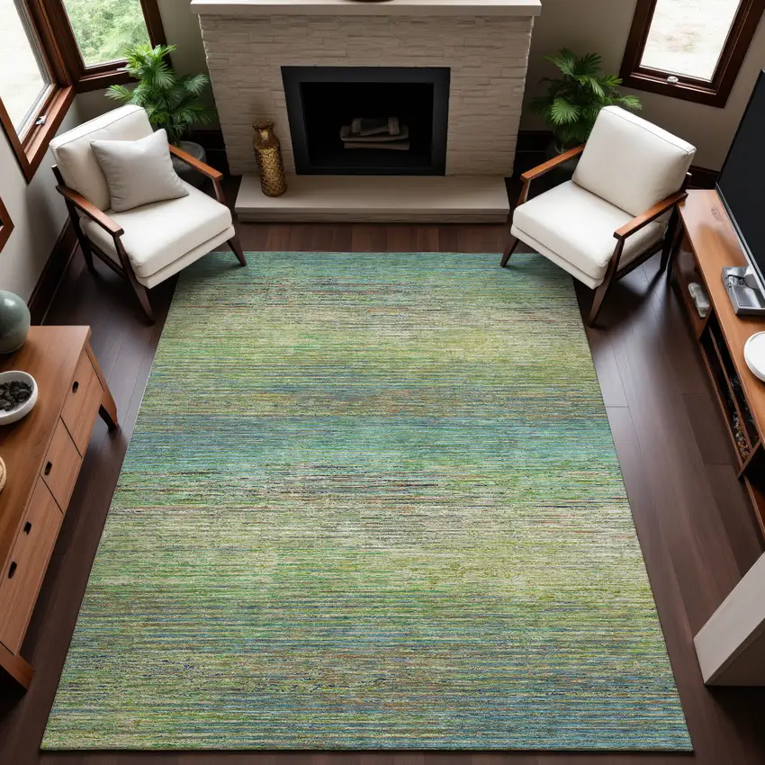Artichoke Green Blue And Copper Striped Washable Area Rug With UV Protection Photo 3