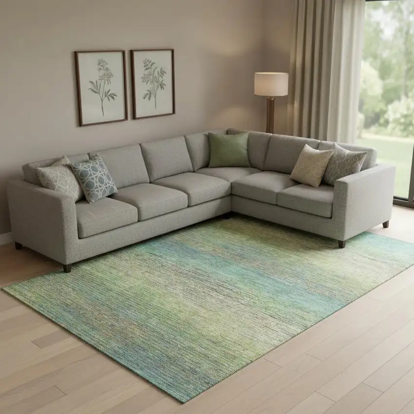 Artichoke Green Blue And Copper Striped Washable Area Rug With UV Protection Photo 2