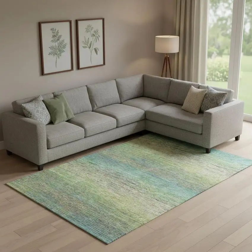 Artichoke Green Blue And Copper Striped Washable Area Rug With UV Protection Photo 2