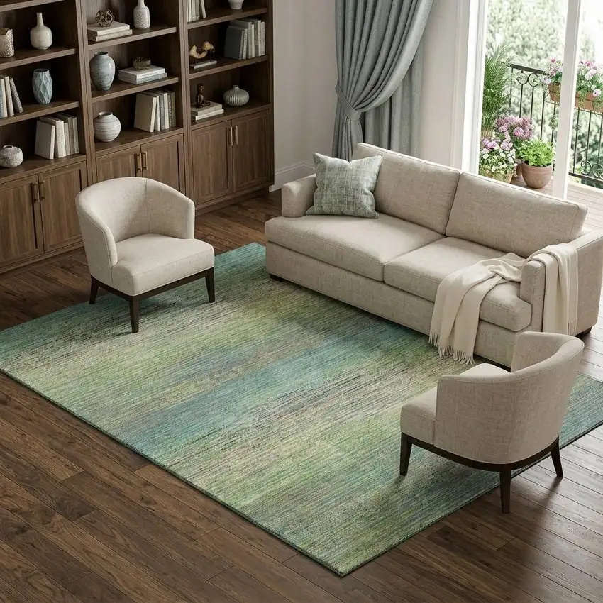 Artichoke Green Blue And Copper Striped Washable Area Rug With UV Protection Photo 1