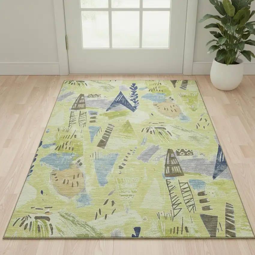 Artichoke Green Blue And Green Geometric Washable Area Rug With UV Protection Photo 2