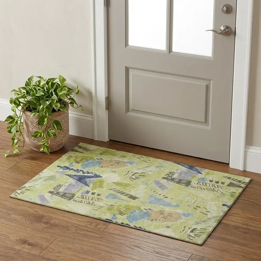 Artichoke Green Blue And Green Geometric Washable Area Rug With UV Protection Photo 1