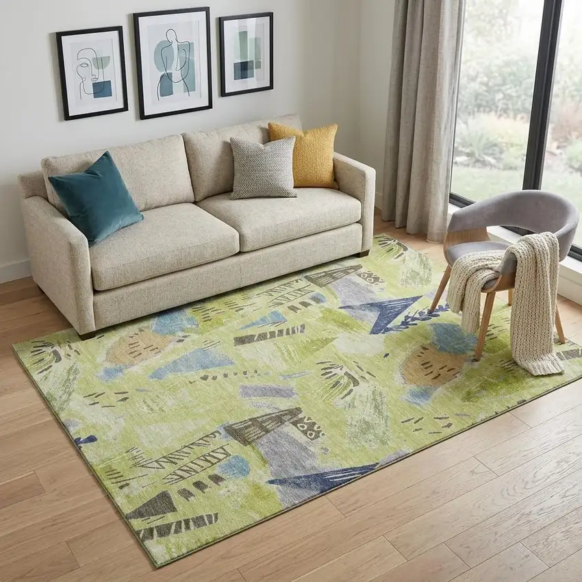 Artichoke Green Blue And Green Geometric Washable Area Rug With UV Protection Photo 1