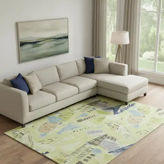 Artichoke Green Blue And Green Geometric Washable Area Rug With UV Protection Photo 2