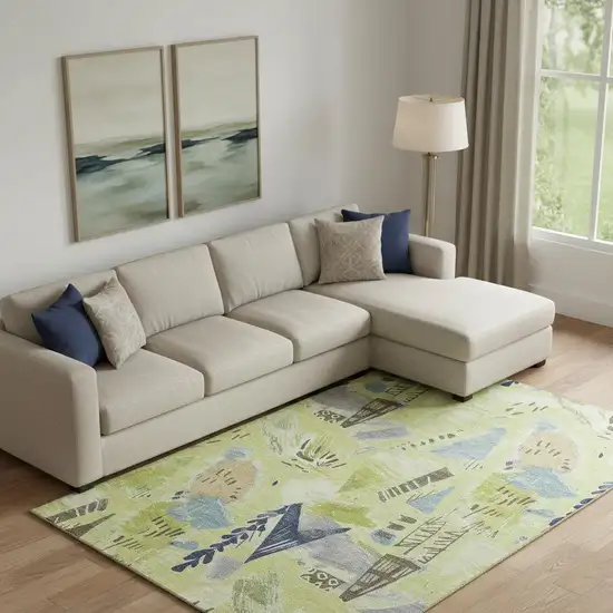 Artichoke Green Blue And Green Geometric Washable Area Rug With UV Protection Photo 2