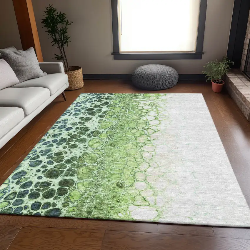 Artichoke Green Blue And Ivory Abstract Washable Area Rug With UV Protection Photo 4