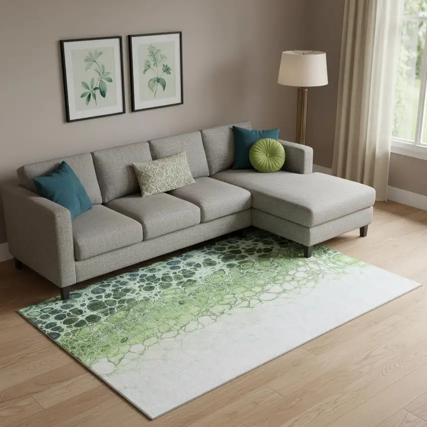 Artichoke Green Blue And Ivory Abstract Washable Area Rug With UV Protection Photo 1