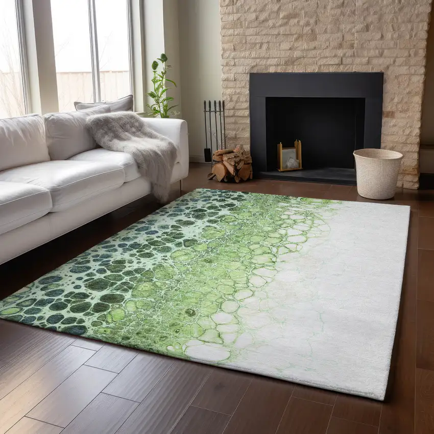 Artichoke Green Blue And Ivory Abstract Washable Area Rug With UV Protection Photo 5