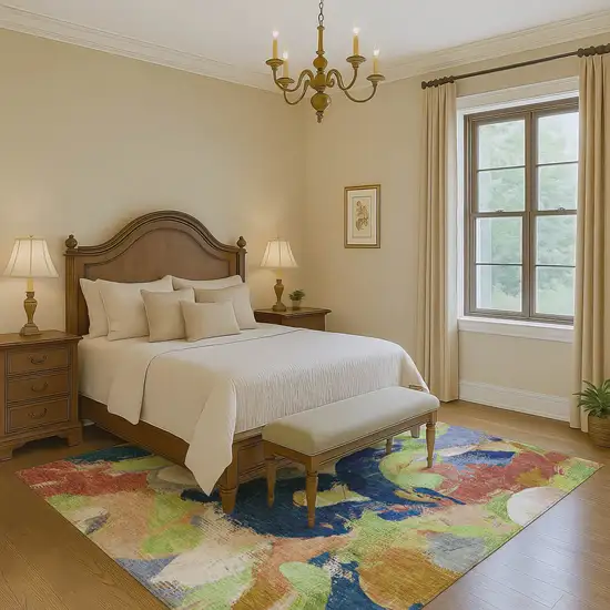 Artichoke Green Blue And Ivory Abstract Washable Area Rug With UV Protection Photo 5