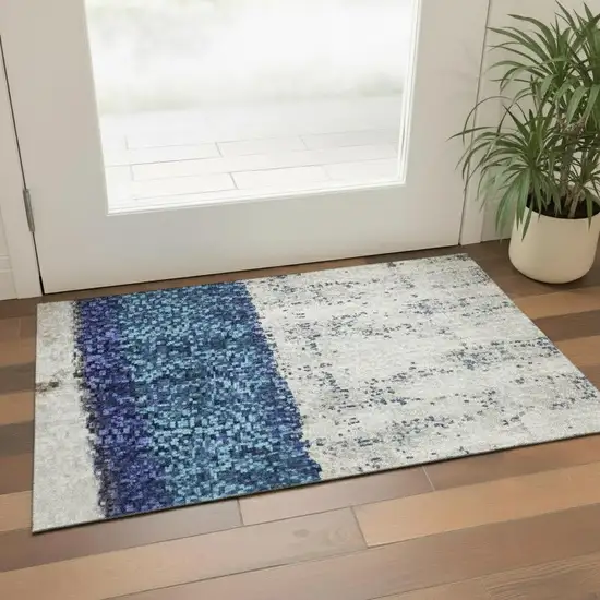 Artichoke Green Blue And Ivory Abstract Washable Area Rug With UV Protection Photo 2