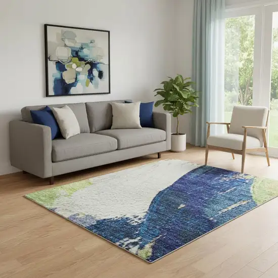 Artichoke Green Blue And Ivory Abstract Washable Area Rug With UV Protection Photo 2