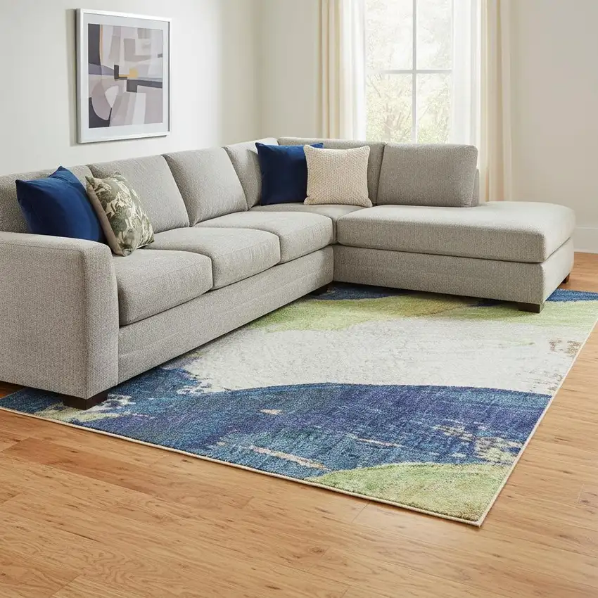 Artichoke Green Blue And Ivory Abstract Washable Area Rug With UV Protection Photo 2