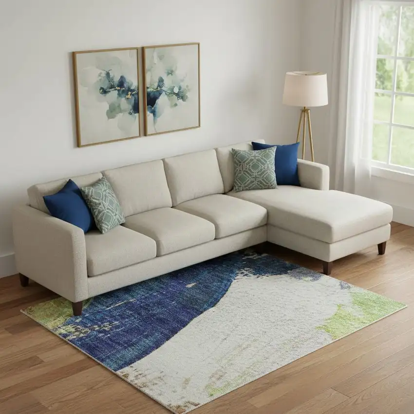 Artichoke Green Blue And Ivory Abstract Washable Area Rug With UV Protection Photo 2
