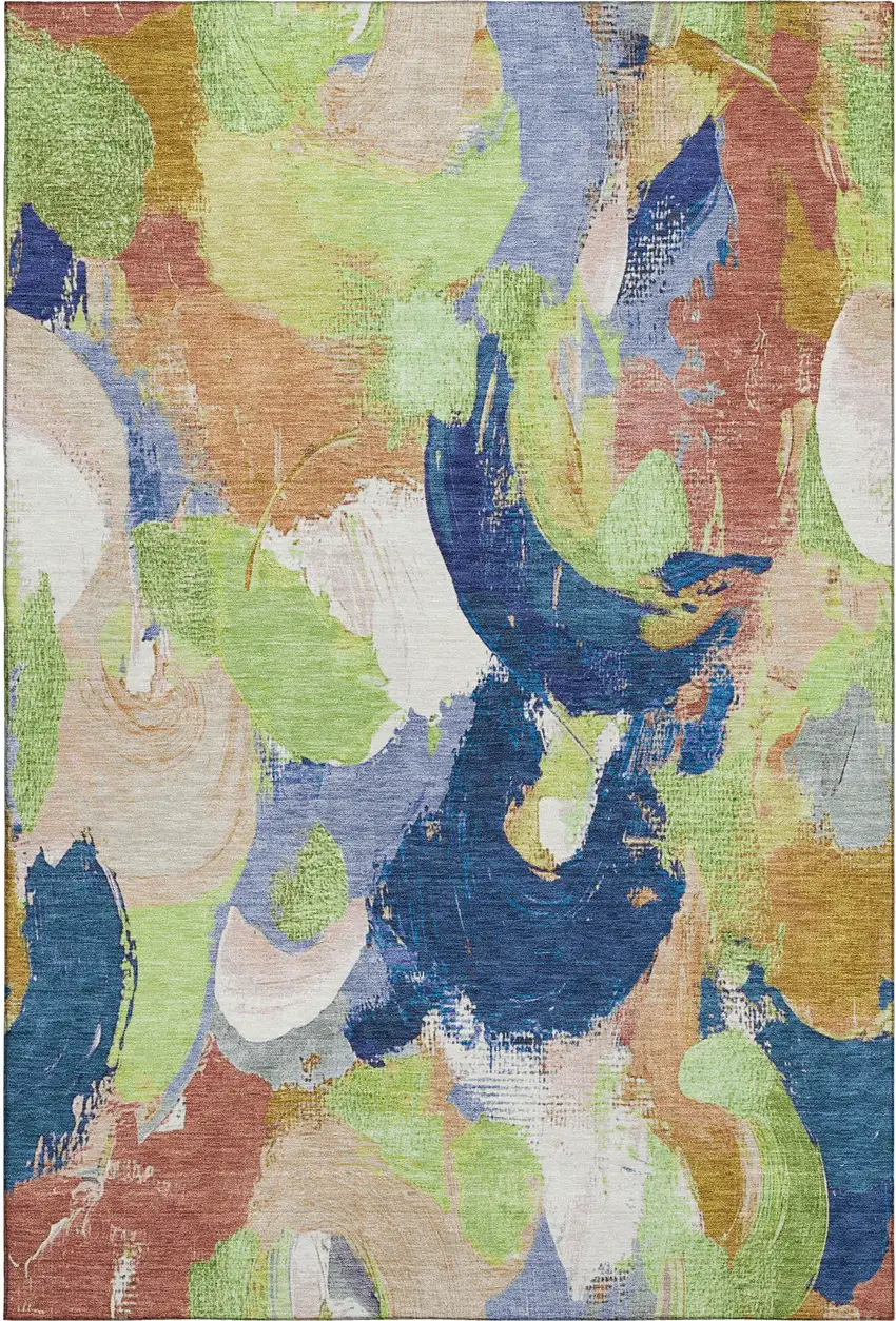 Artichoke Green Blue And Ivory Abstract Washable Area Rug With UV Protection Photo 6