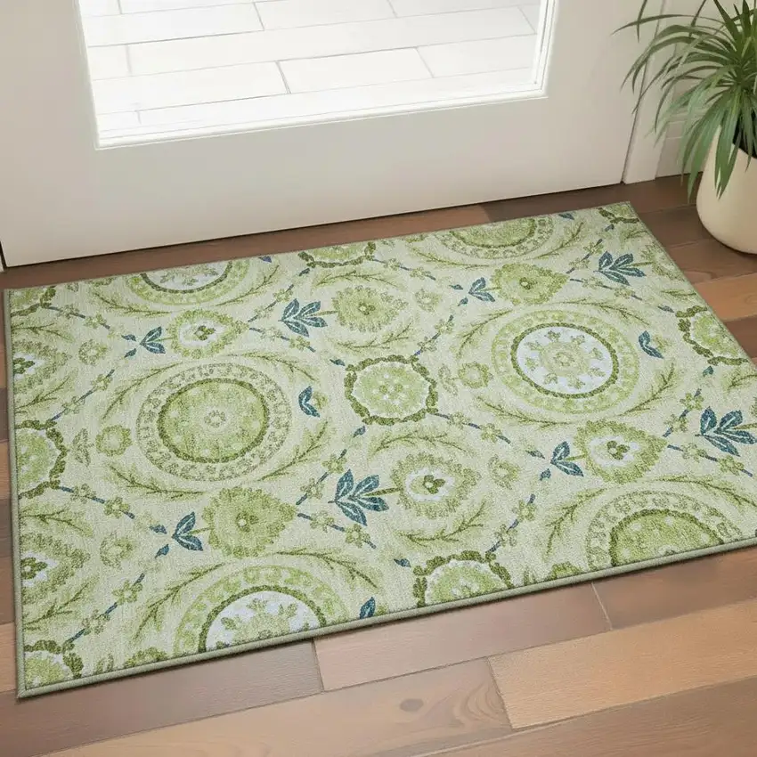Artichoke Green Blue And Ivory Floral Washable Area Rug With UV Protection Photo 2