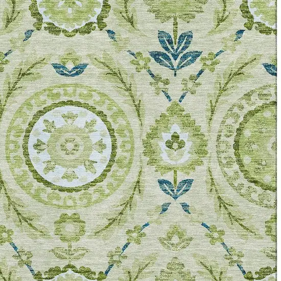 Artichoke Green Blue And Ivory Floral Washable Area Rug With UV Protection Photo 3