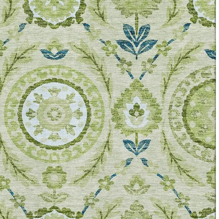 Artichoke Green Blue And Ivory Floral Washable Area Rug With UV Protection Photo 3