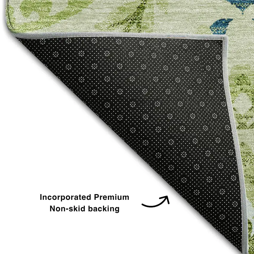 Artichoke Green Blue And Ivory Floral Washable Area Rug With UV Protection Photo 7