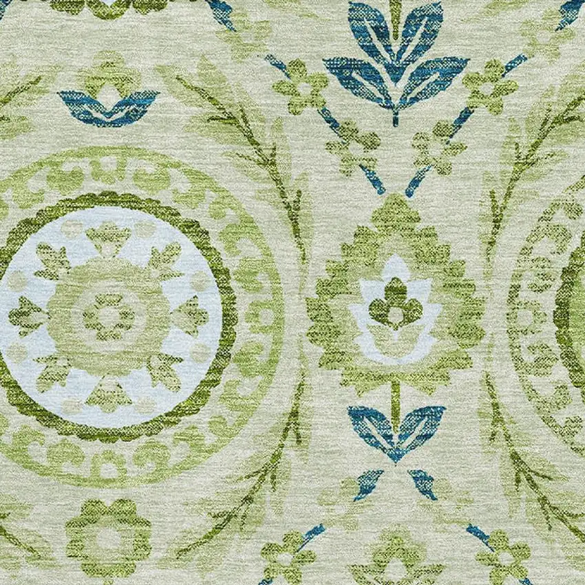 Artichoke Green Blue And Ivory Floral Washable Area Rug With UV Protection Photo 3